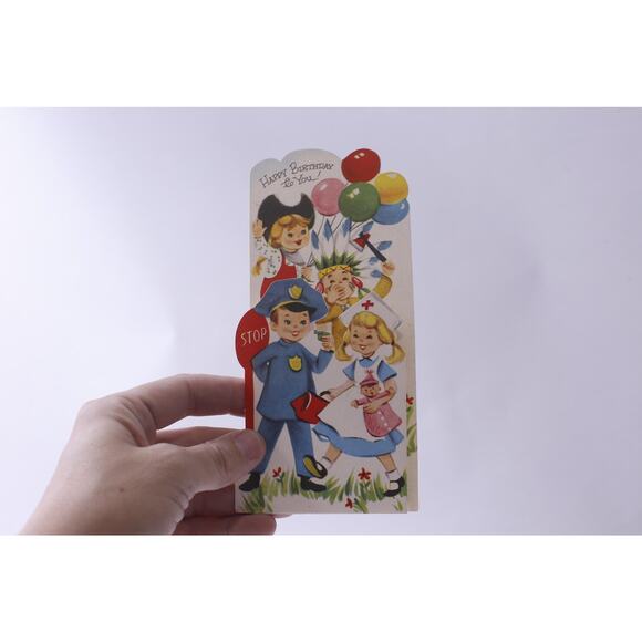 1960s Happy Kids wearing Different Uniforms, Vintage Used Birthday Card, Shape - Picture 1 of 2